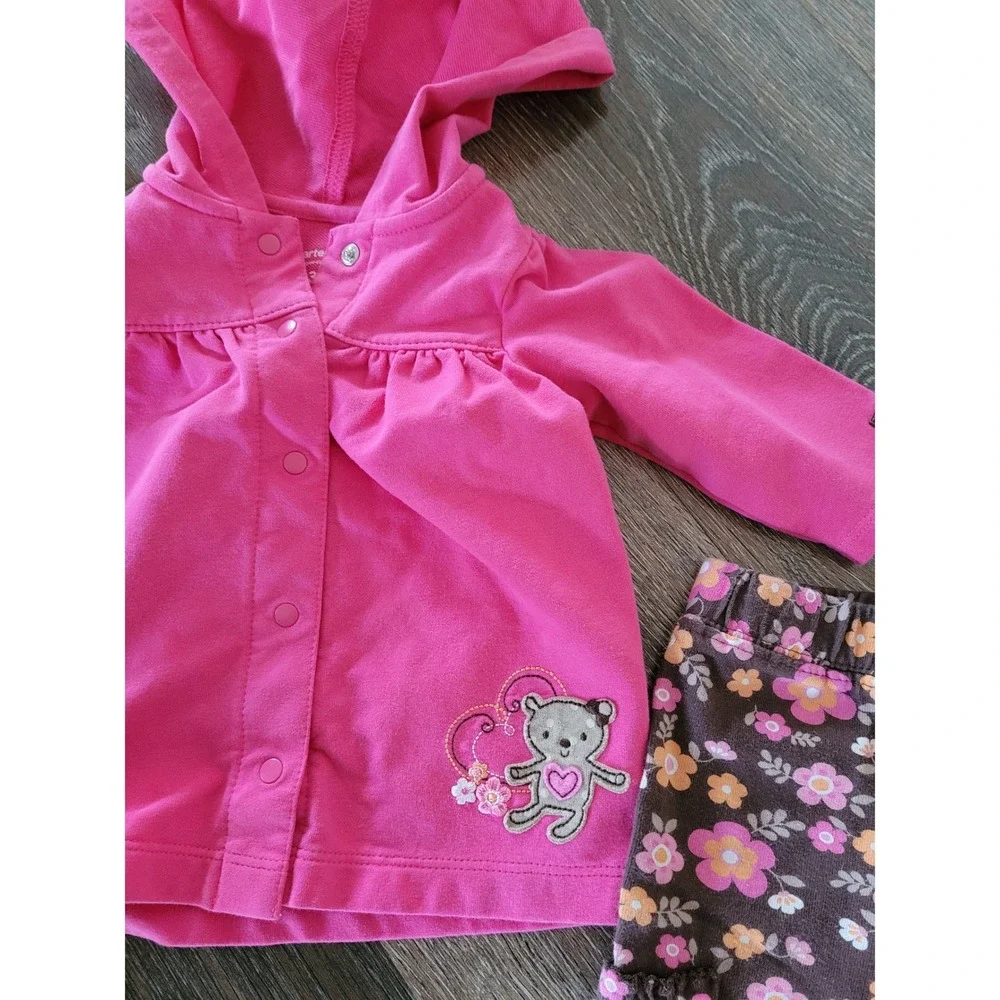 Carters Baby Girl 3 Months Pink Hooded Snap Cardigan Floral Cargo Pants Set #8